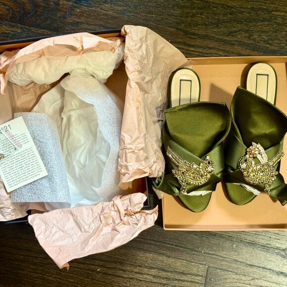 N.21 Raso Knot Flat Embellished Slides In Green Satin - Picture 7 of 16